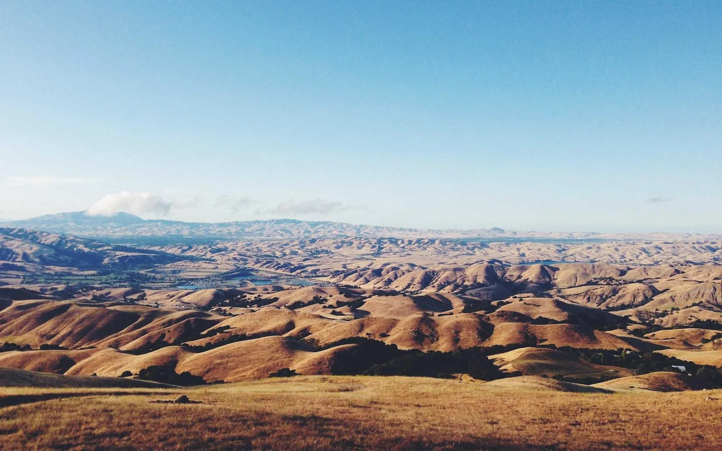 Collines dorées et herbes sèches à perte de vue sous un ciel bleu, en Californie